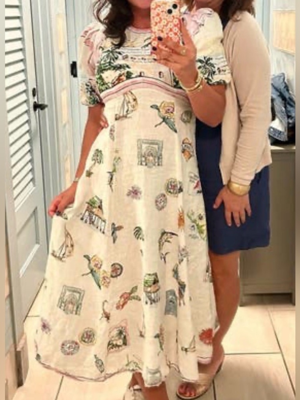 ALEMAIS Sunset Puff-Sleeve Printed Linen Midi Dress 6 - Picture 6 of 7
